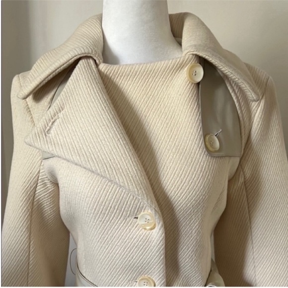 Mackage | Women’s Size S Cream Wool Coat with Leather Trim Accents + Belt - Picture 4 of 14